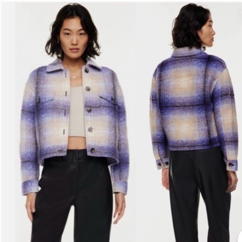 Aritzia Wilfred Free Autumn Wool Jacket M Purple Cream Plaid Boxy Spring Shacket